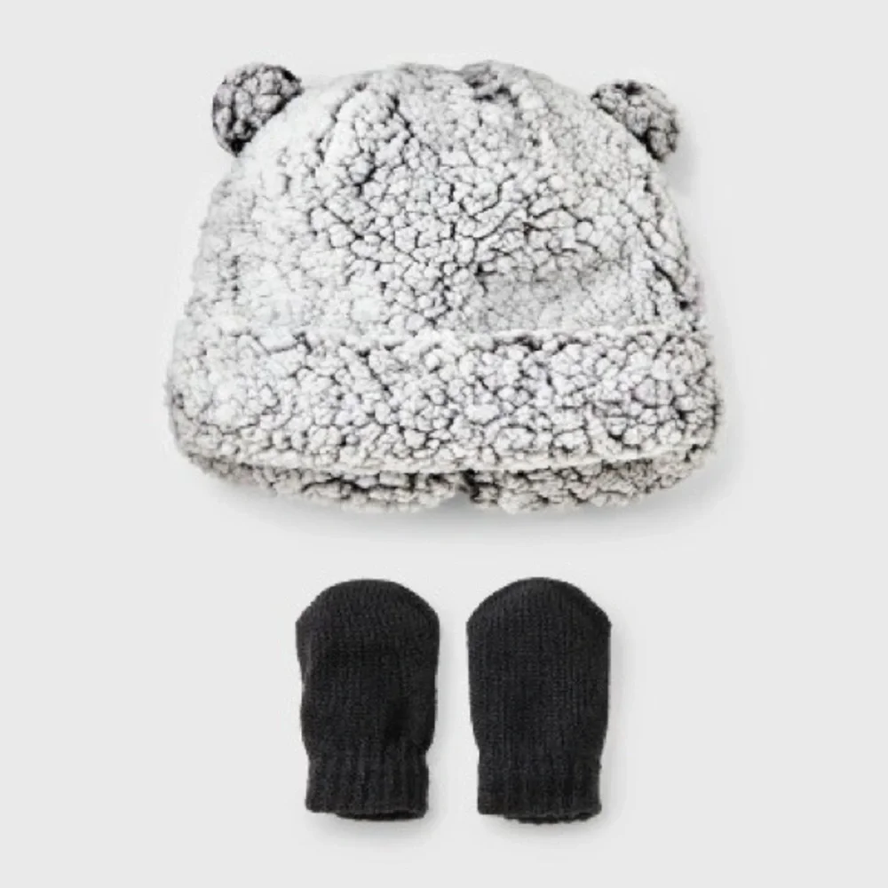 Cat & Jack NWT Sherpa Bear Ear Hat and Black Mittens size NB
